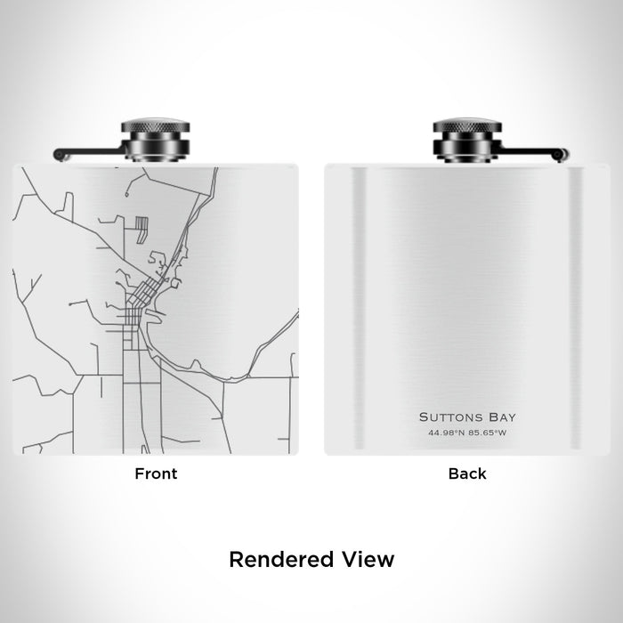 Rendered View of Suttons Bay Michigan Map Engraving on 6oz Stainless Steel Flask in White