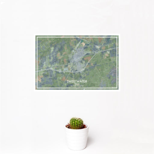 12x18 Sweetwater Texas Map Print Landscape Orientation in Afternoon Style With Small Cactus Plant in White Planter