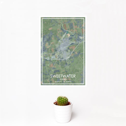 12x18 Sweetwater Texas Map Print Portrait Orientation in Afternoon Style With Small Cactus Plant in White Planter
