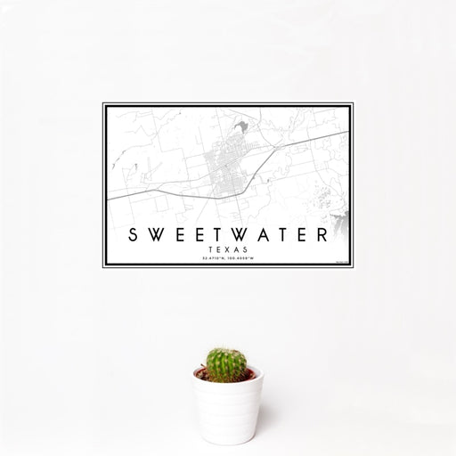 12x18 Sweetwater Texas Map Print Landscape Orientation in Classic Style With Small Cactus Plant in White Planter