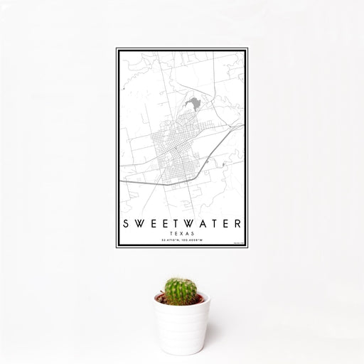 12x18 Sweetwater Texas Map Print Portrait Orientation in Classic Style With Small Cactus Plant in White Planter