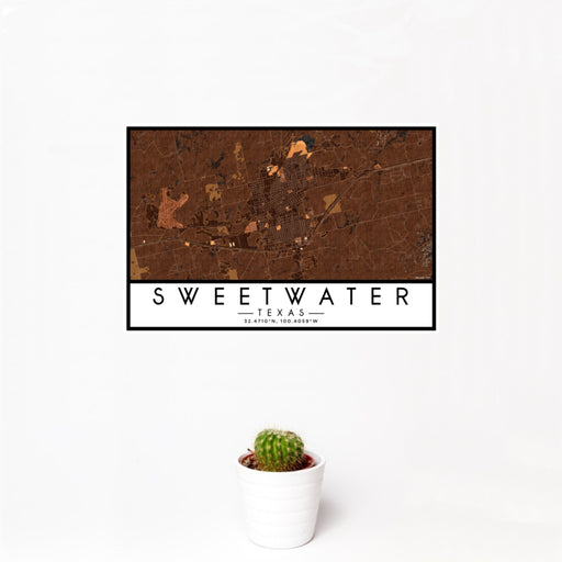 12x18 Sweetwater Texas Map Print Landscape Orientation in Ember Style With Small Cactus Plant in White Planter