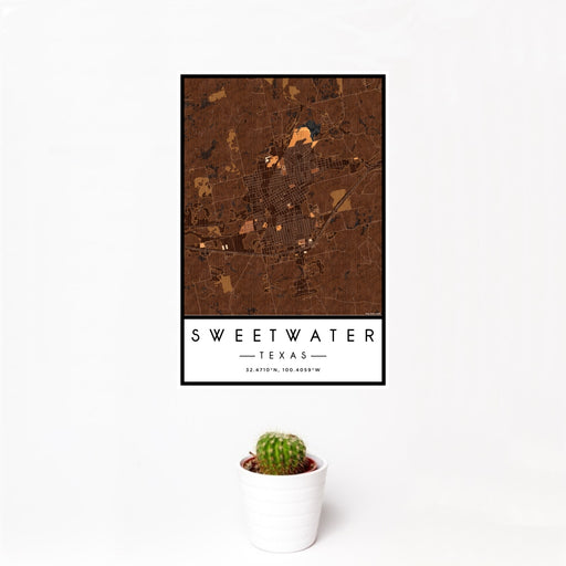 12x18 Sweetwater Texas Map Print Portrait Orientation in Ember Style With Small Cactus Plant in White Planter