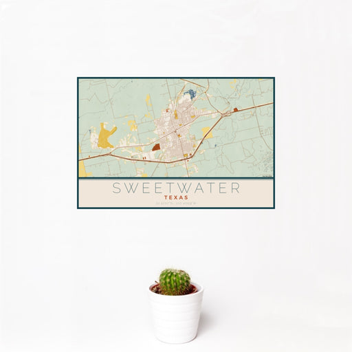 12x18 Sweetwater Texas Map Print Landscape Orientation in Woodblock Style With Small Cactus Plant in White Planter