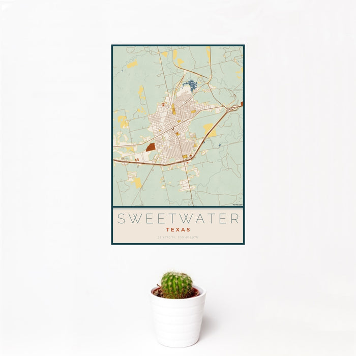 12x18 Sweetwater Texas Map Print Portrait Orientation in Woodblock Style With Small Cactus Plant in White Planter