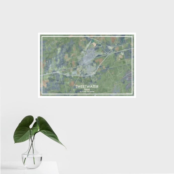 16x24 Sweetwater Texas Map Print Landscape Orientation in Afternoon Style With Tropical Plant Leaves in Water