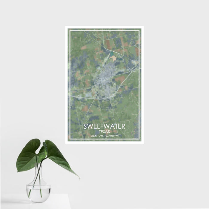 16x24 Sweetwater Texas Map Print Portrait Orientation in Afternoon Style With Tropical Plant Leaves in Water
