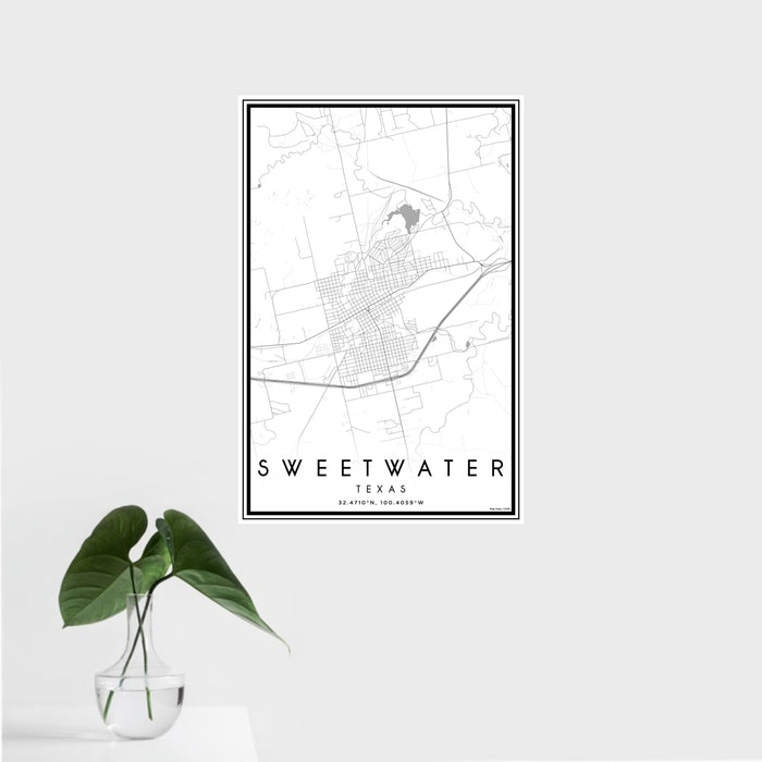 16x24 Sweetwater Texas Map Print Portrait Orientation in Classic Style With Tropical Plant Leaves in Water