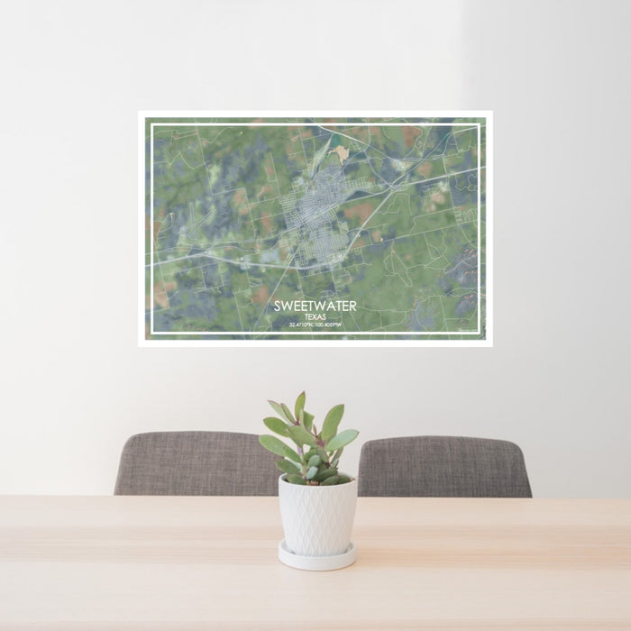 24x36 Sweetwater Texas Map Print Lanscape Orientation in Afternoon Style Behind 2 Chairs Table and Potted Plant