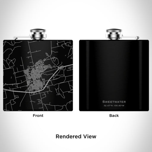 Rendered View of Sweetwater Texas Map Engraving on 6oz Stainless Steel Flask in Black