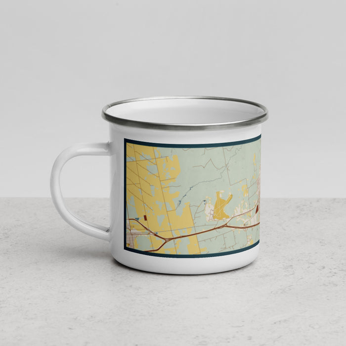 Left View Custom Sweetwater Texas Map Enamel Mug in Woodblock
