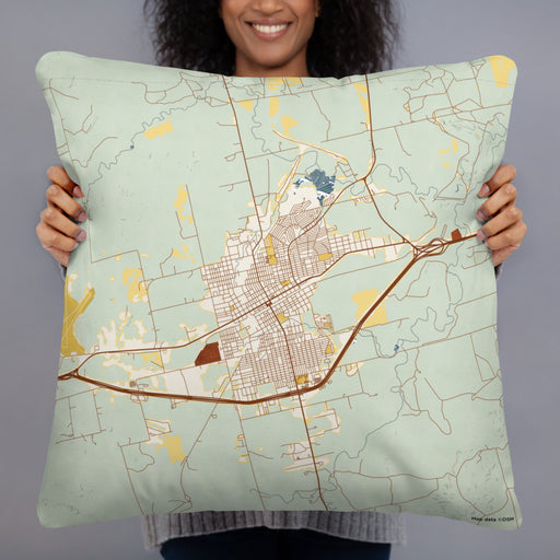 Person holding 22x22 Custom Sweetwater Texas Map Throw Pillow in Woodblock