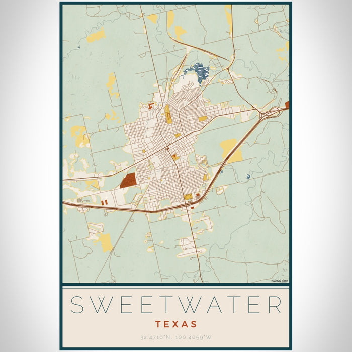 Sweetwater Texas Map Print Portrait Orientation in Woodblock Style With Shaded Background