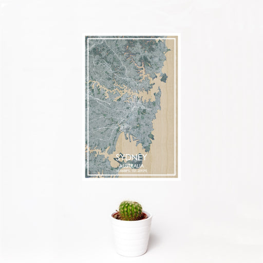 12x18 Sydney Australia Map Print Portrait Orientation in Afternoon Style With Small Cactus Plant in White Planter