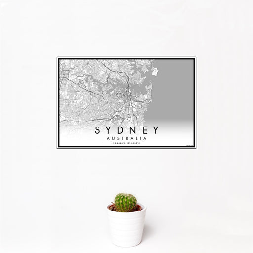 12x18 Sydney Australia Map Print Landscape Orientation in Classic Style With Small Cactus Plant in White Planter
