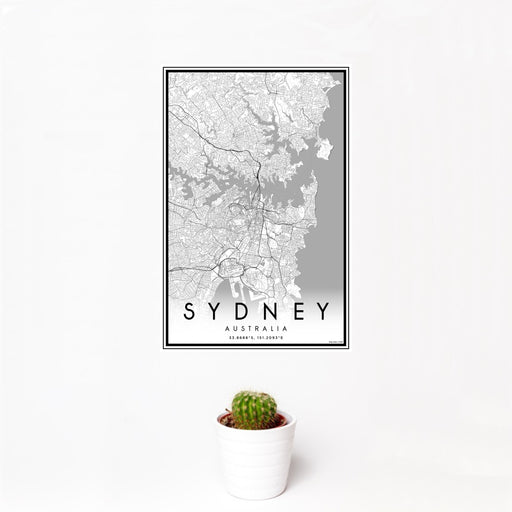 12x18 Sydney Australia Map Print Portrait Orientation in Classic Style With Small Cactus Plant in White Planter