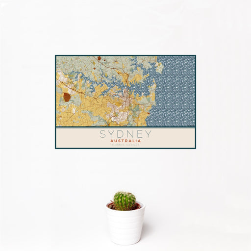12x18 Sydney Australia Map Print Landscape Orientation in Woodblock Style With Small Cactus Plant in White Planter