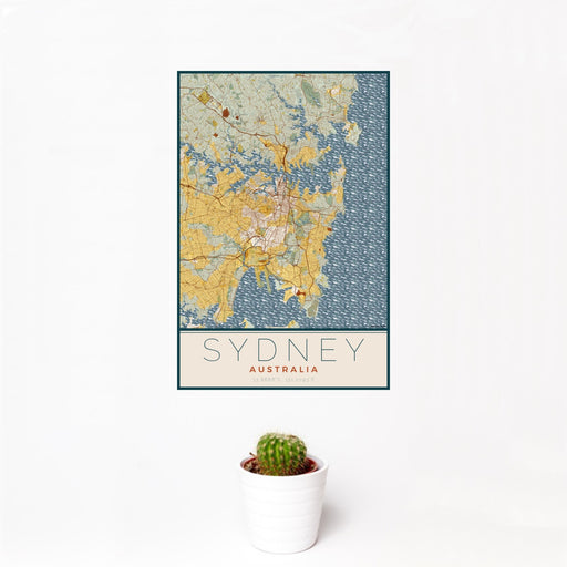 12x18 Sydney Australia Map Print Portrait Orientation in Woodblock Style With Small Cactus Plant in White Planter