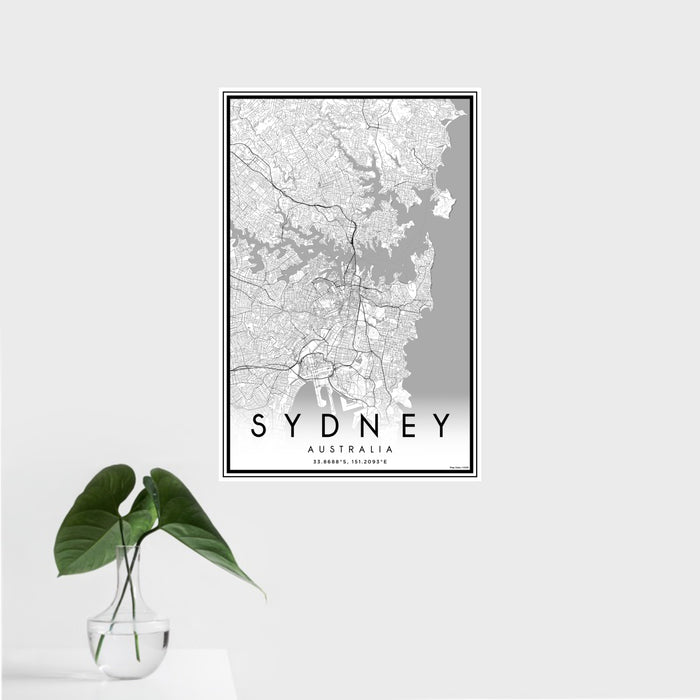 16x24 Sydney Australia Map Print Portrait Orientation in Classic Style With Tropical Plant Leaves in Water