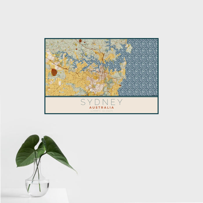 16x24 Sydney Australia Map Print Landscape Orientation in Woodblock Style With Tropical Plant Leaves in Water