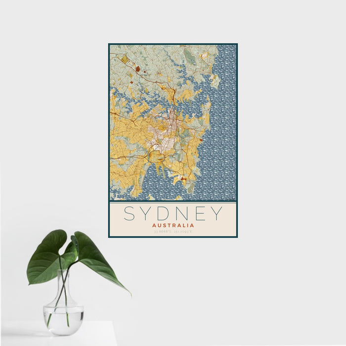 16x24 Sydney Australia Map Print Portrait Orientation in Woodblock Style With Tropical Plant Leaves in Water