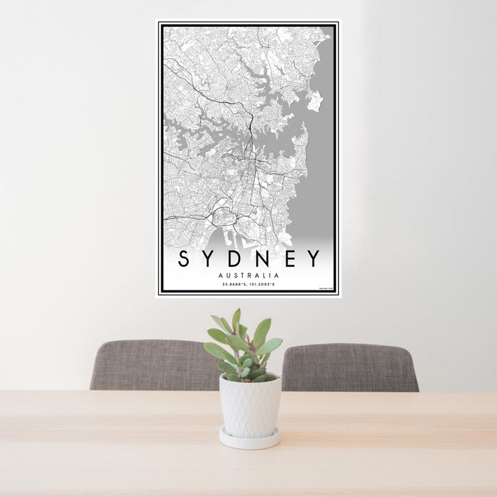 24x36 Sydney Australia Map Print Portrait Orientation in Classic Style Behind 2 Chairs Table and Potted Plant