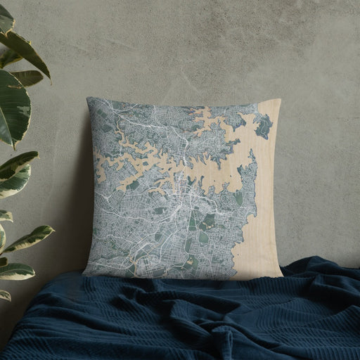 Custom Sydney Australia Map Throw Pillow in Afternoon on Bedding Against Wall