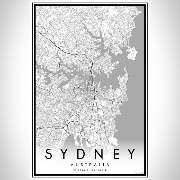 Sydney Australia Map Print Portrait Orientation in Classic Style With Shaded Background