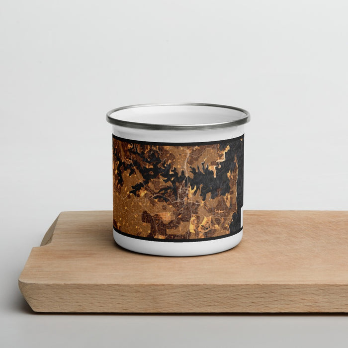 Front View Custom Sydney Australia Map Enamel Mug in Ember on Cutting Board
