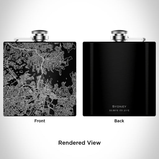 Rendered View of Sydney Australia Map Engraving on 6oz Stainless Steel Flask in Black