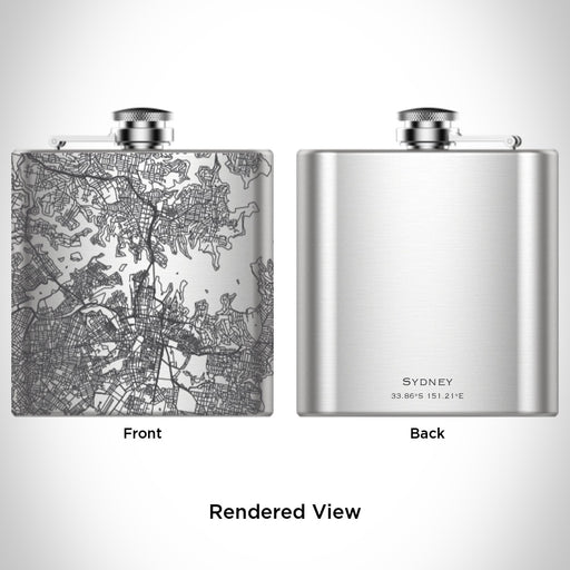 Rendered View of Sydney Australia Map Engraving on 6oz Stainless Steel Flask