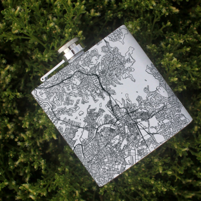 Sydney Australia Custom Engraved City Map Inscription Coordinates on 6oz Stainless Steel Flask in White