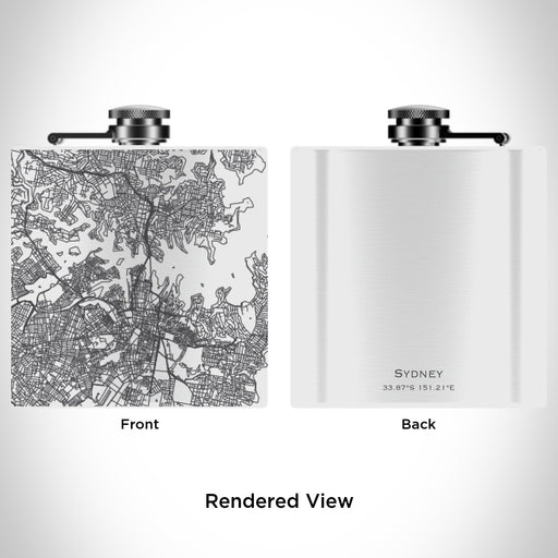 Rendered View of Sydney Australia Map Engraving on 6oz Stainless Steel Flask in White
