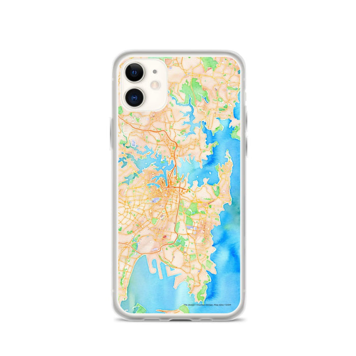 Custom iPhone 11 Sydney Australia Map Phone Case in Watercolor