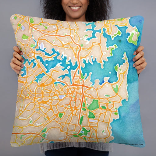 Person holding 22x22 Custom Sydney Australia Map Throw Pillow in Watercolor