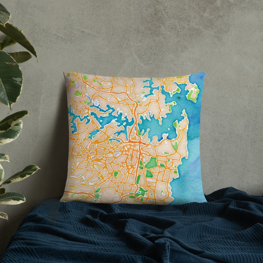 Custom Sydney Australia Map Throw Pillow in Watercolor on Bedding Against Wall