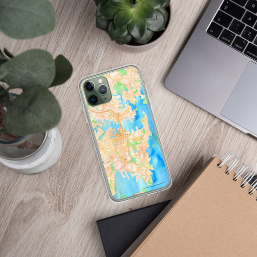 Custom Sydney Australia Map Phone Case in Watercolor on Table with Laptop and Plant