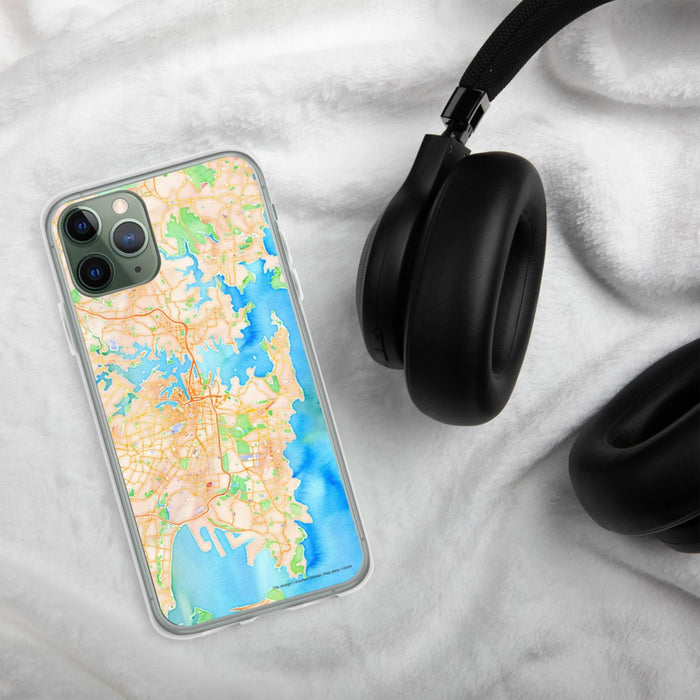 Custom Sydney Australia Map Phone Case in Watercolor on Table with Black Headphones