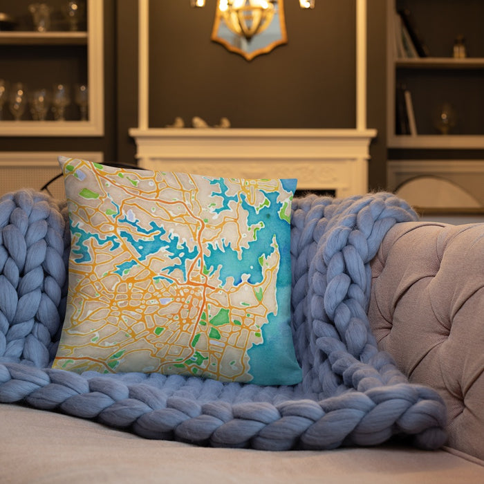 Custom Sydney Australia Map Throw Pillow in Watercolor on Cream Colored Couch