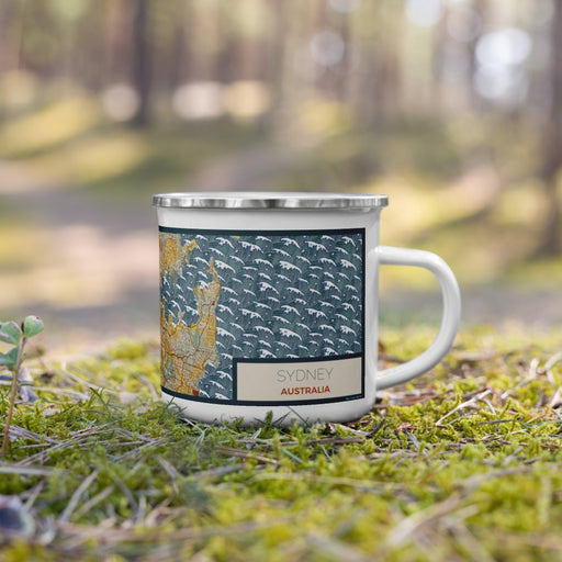 Right View Custom Sydney Australia Map Enamel Mug in Woodblock on Grass With Trees in Background