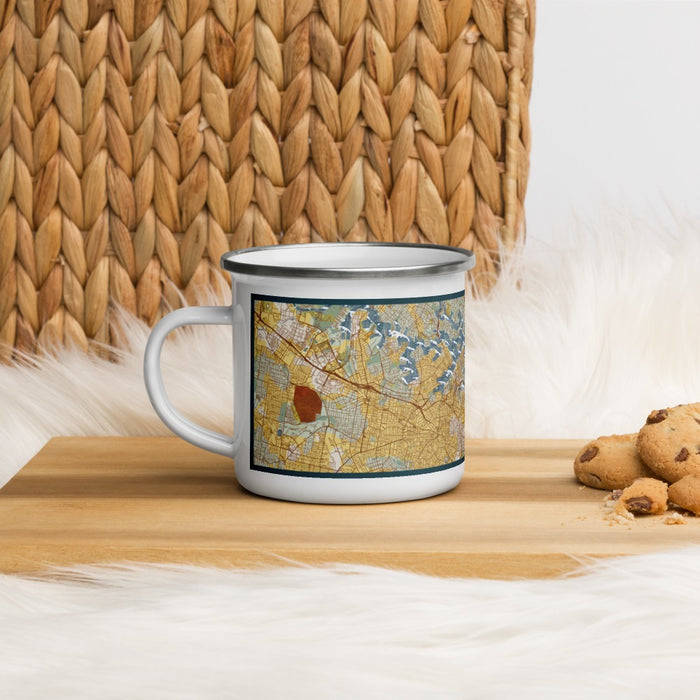 Left View Custom Sydney Australia Map Enamel Mug in Woodblock on Table Top