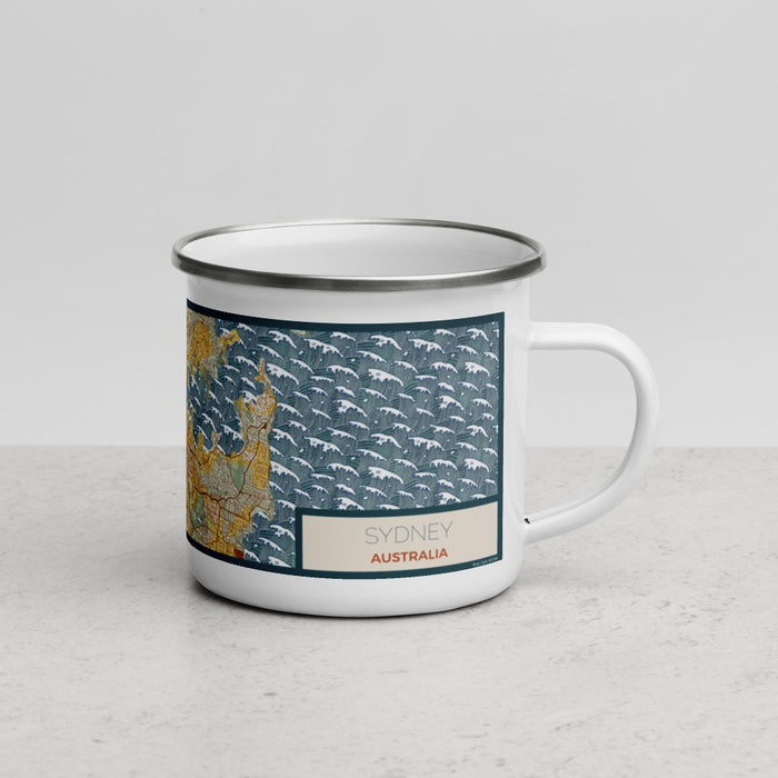 Right View Custom Sydney Australia Map Enamel Mug in Woodblock