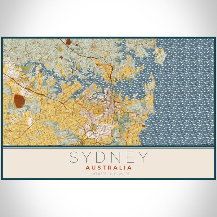 Sydney Australia Map Print Landscape Orientation in Woodblock Style With Shaded Background