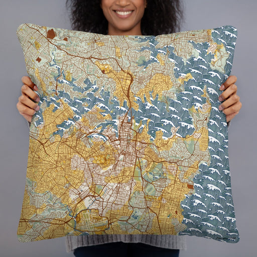 Person holding 22x22 Custom Sydney Australia Map Throw Pillow in Woodblock