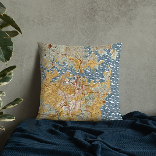 Custom Sydney Australia Map Throw Pillow in Woodblock on Bedding Against Wall