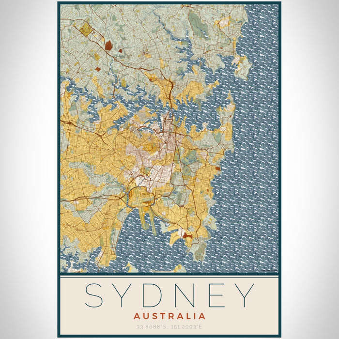 Sydney Australia Map Print Portrait Orientation in Woodblock Style With Shaded Background