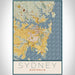 Sydney Australia Map Print Portrait Orientation in Woodblock Style With Shaded Background