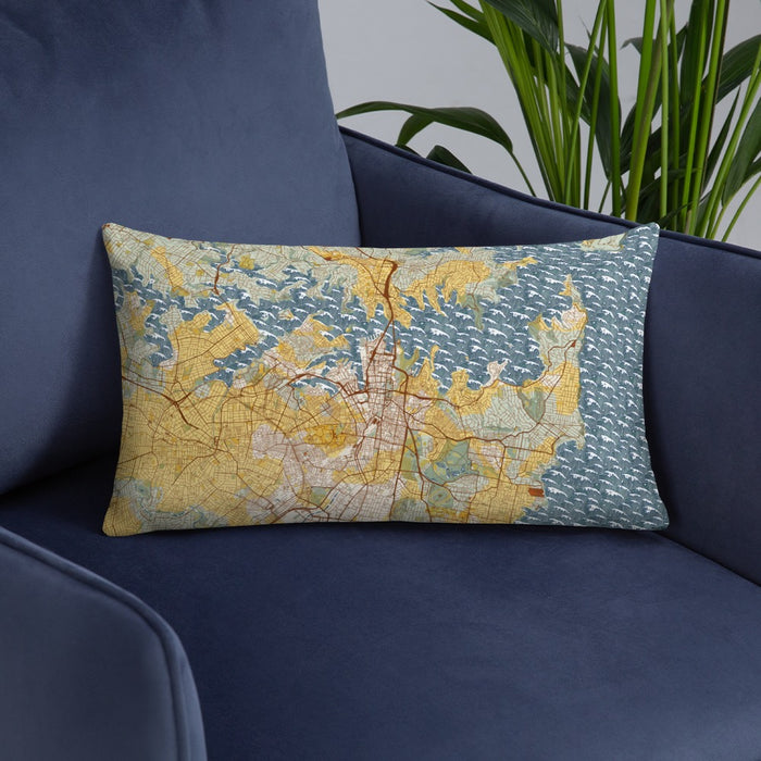 Custom Sydney Australia Map Throw Pillow in Woodblock on Blue Colored Chair
