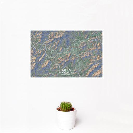 12x18 Sylva North Carolina Map Print Landscape Orientation in Afternoon Style With Small Cactus Plant in White Planter