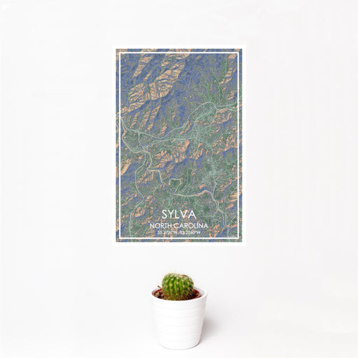 12x18 Sylva North Carolina Map Print Portrait Orientation in Afternoon Style With Small Cactus Plant in White Planter